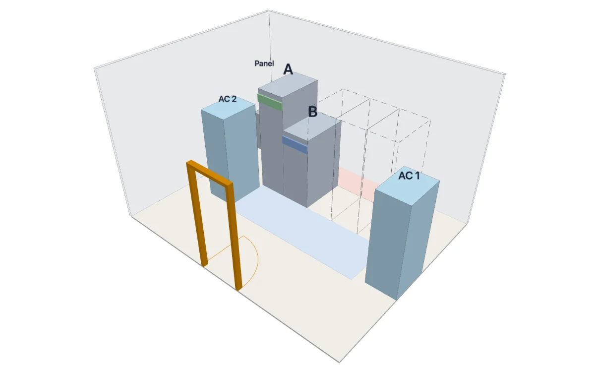 3D room view of the sample project: three racks, UPS, battery, panel and two cooling units